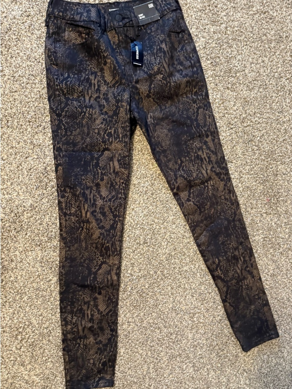 Express Black and Brown Snake-Print Skinny Jeans